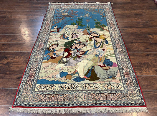 Persian Qum Pictorial Rug Vintage 5x7 Hand Knotted Wool and Silk