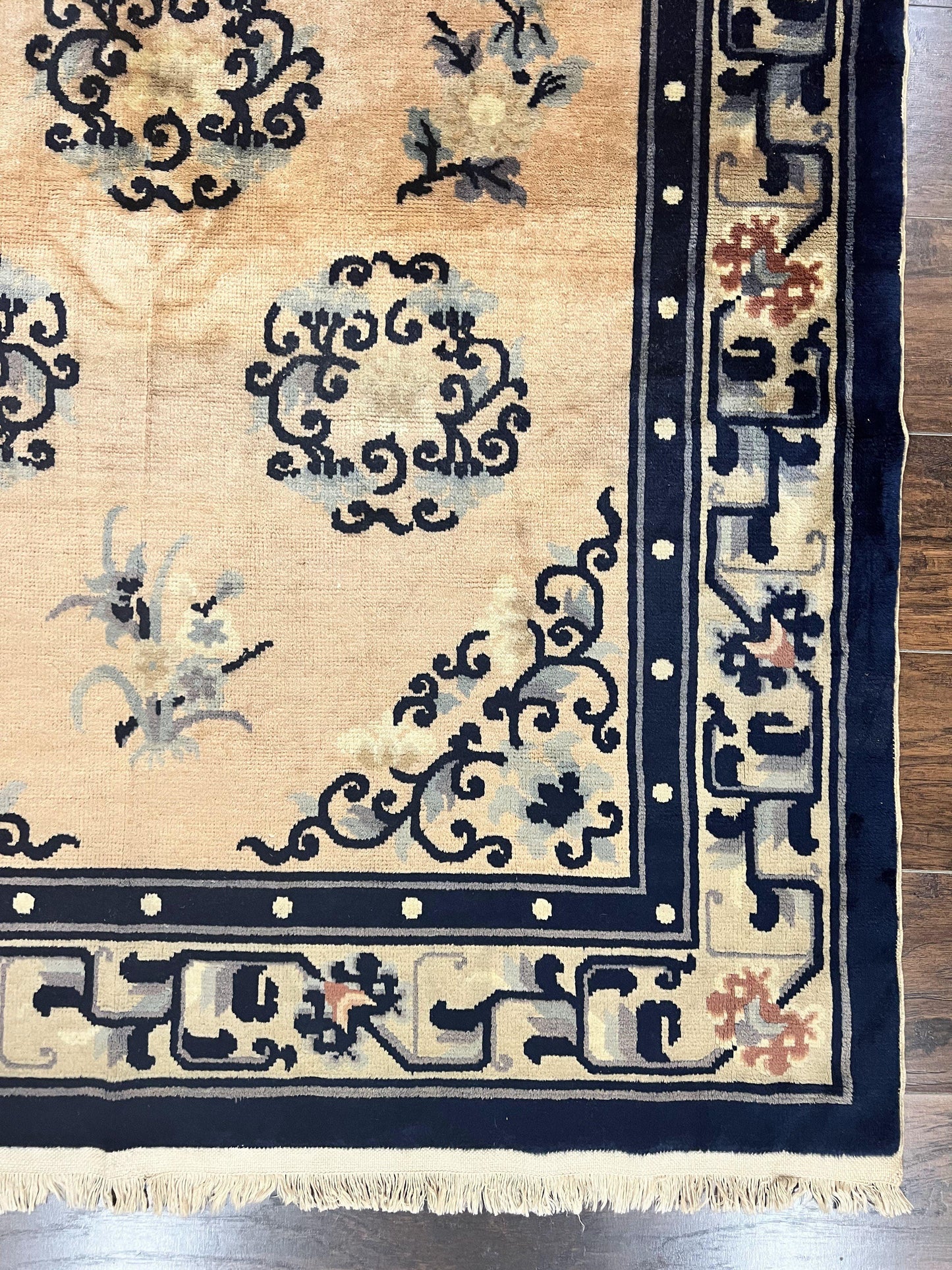 Chinese Peking Rug 4x6 Wool Hand Knotted Vintage Semi Antique Carpet Light Peach Navy Art Deco Style