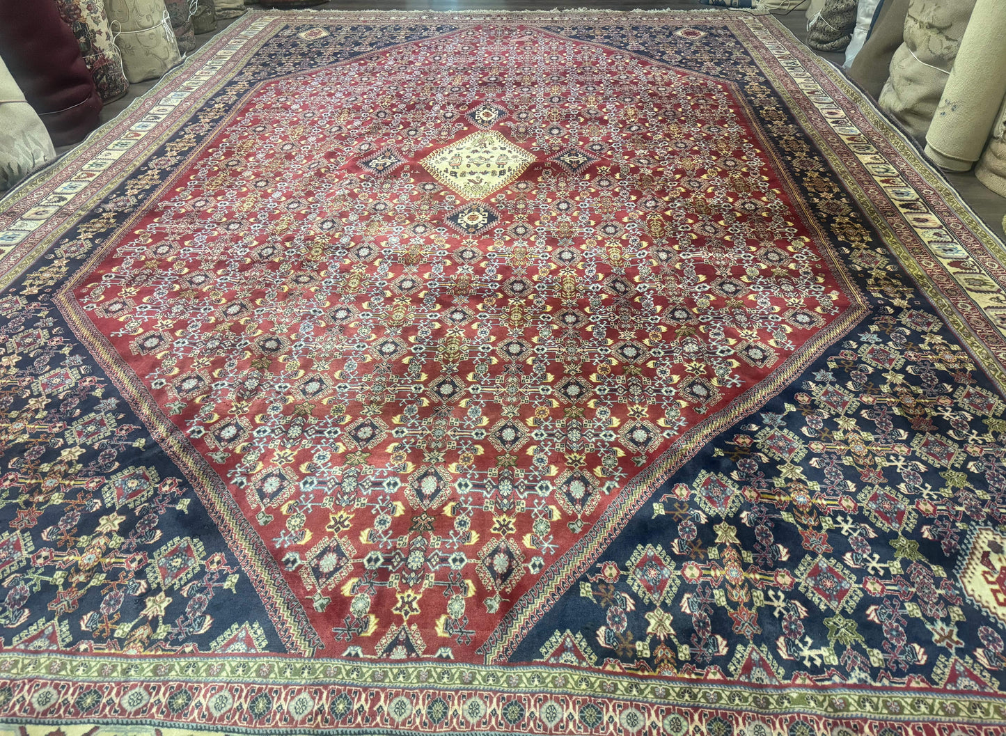 Persian Shiraz Rug 13x19 Oversized Herati Hex Medallion Brick Red Navy Beige