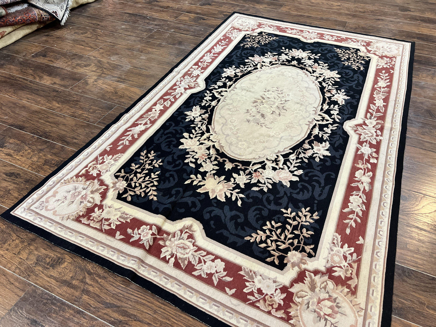 Needlepoint Rug 5x8 Wool Handmade Vintage European Aubusson Flatweave Rug Black and Maroon