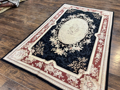 Needlepoint Rug 5x8 Wool Handmade Vintage European Aubusson Flatweave Rug Black and Maroon