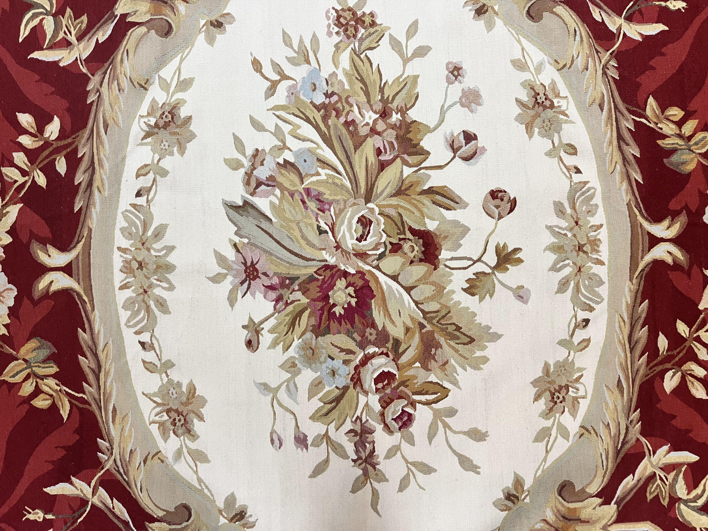 Large Aubusson Rug 10x14, Wool Handmade Vintage Carpet, Dark Red Ivory Tan, French European Elegant Aubusson Weave Rug