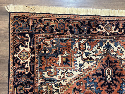 Heriz Rug 5.6 x 8, Geometric Medallion, Wool Oriental Carpet, Tribal Boho Rug, Red Navy Blue Cream, Belgium Power Loomed Rug, Medium Sized