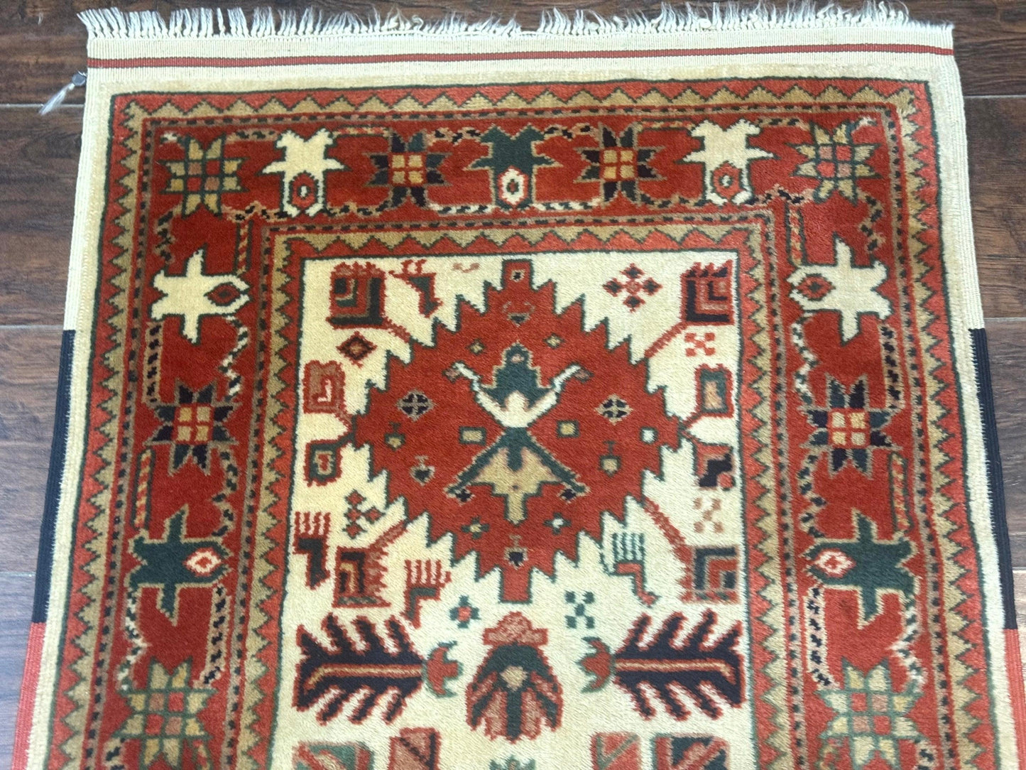 Turkish Runner Rug 2.4 By 8 Feet Kazak Geometric Heriz Pattern Beige And Red Hand Knotted Wool
