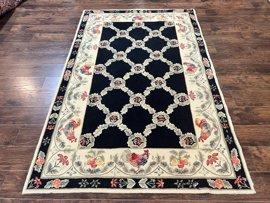 Hooked Rug 5x8 Vintage Wool Aubusson Pattern With Roses And Roosters