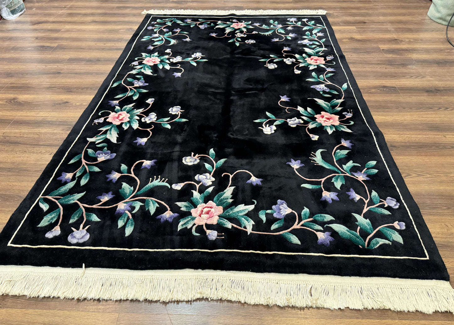 Chinese Wool Rug 6x9 Vintage Black Floral Minimal Design Art Deco Handmade Hand Knotted