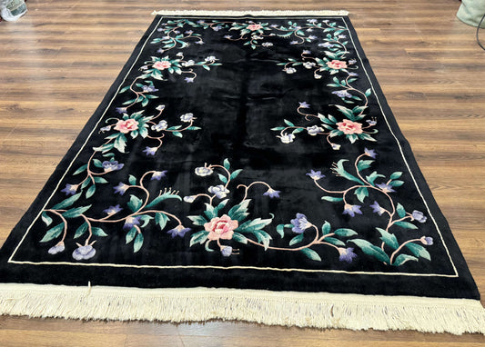 Chinese Wool Rug 6x9 Vintage Black Floral Minimal Design Art Deco Handmade Hand Knotted