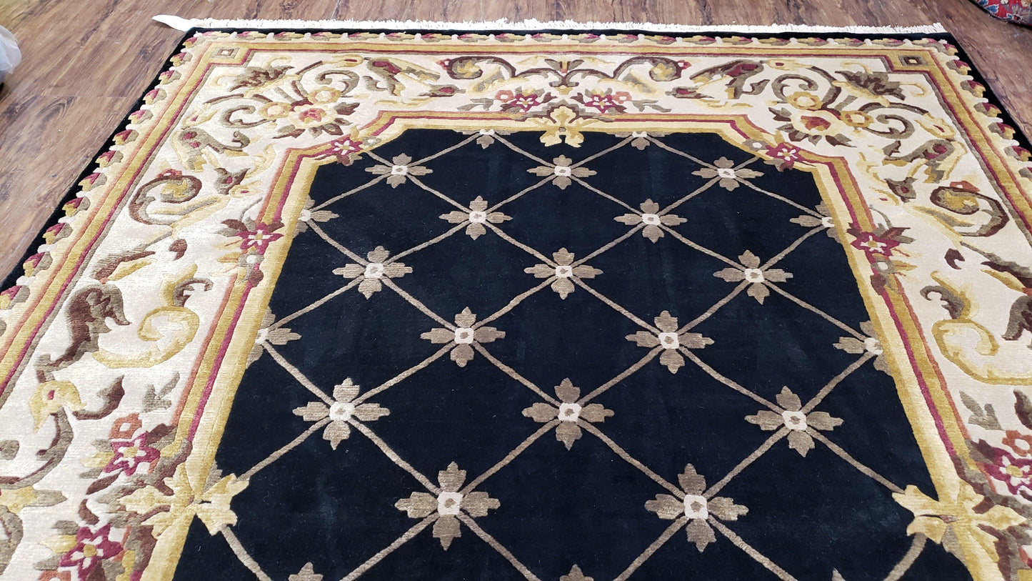 Aubusson Rug Hand Knotted Wool Nepalese 6x9 Black Cream Savonnerie Pattern