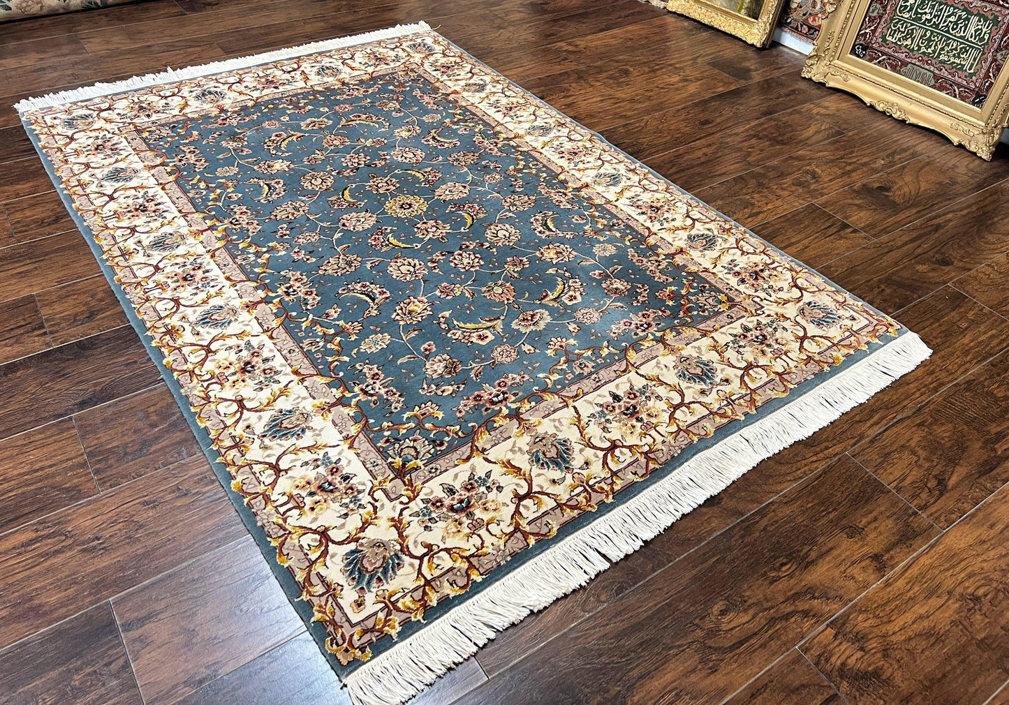 Sino Persian Rug 4x6, Very Fine Oriental Carpet, Handmade Rug 4 x 6, Floral Allover Vintage Traditional Wool & Silk Highlights, 200 KPSI