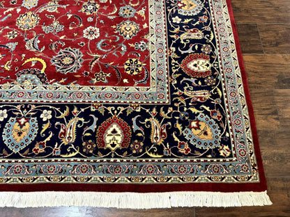Hand Knotted Persian Rug 9x12 Red Navy Blue Floral Wool Vintage 260 KPSI Carpet