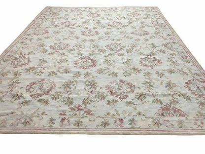 Aubusson Needlepoint Rug 9x12 Handmade Wool Floral Design Beige French European
