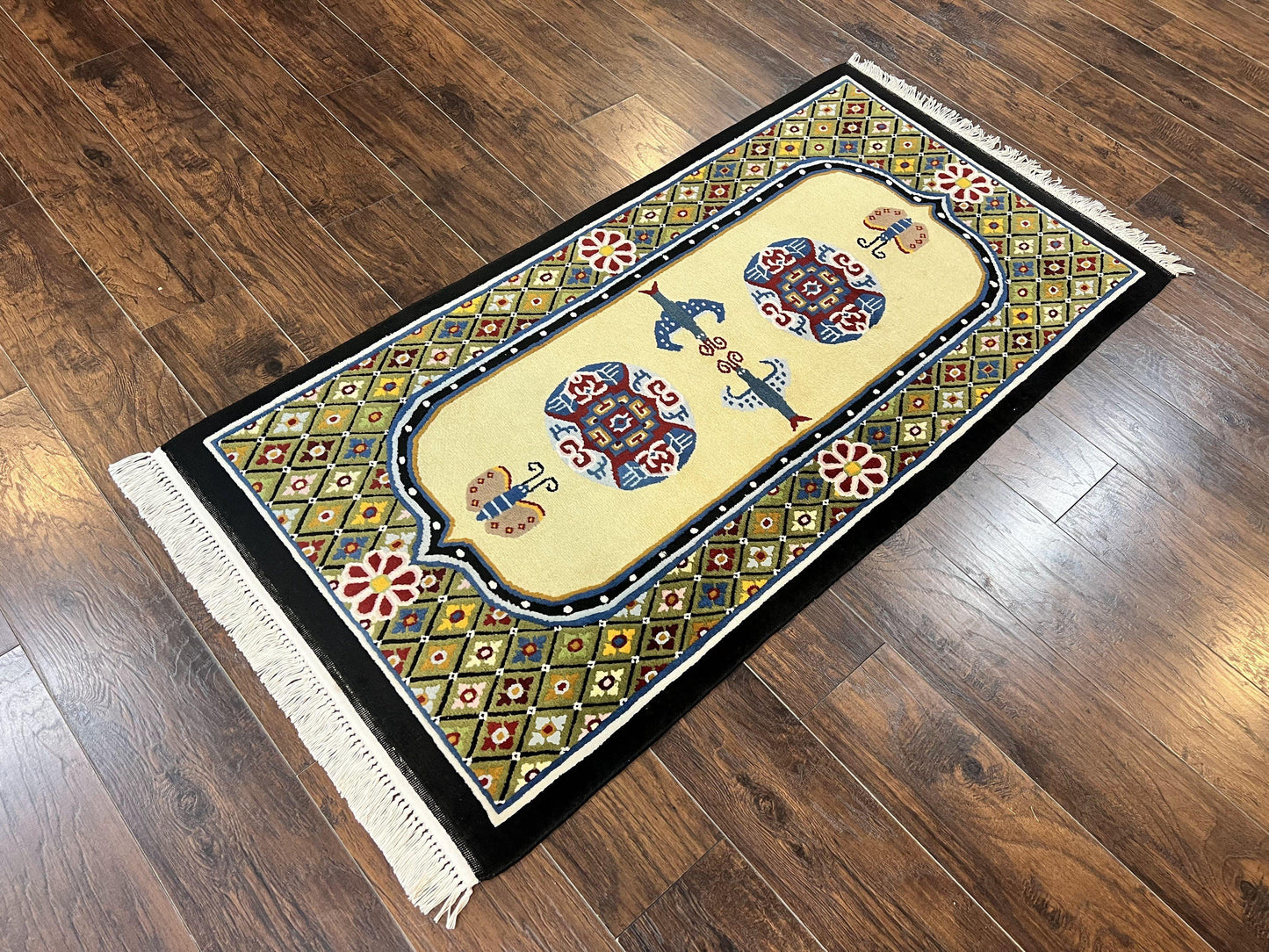Chinese Wool Rug 3x6 Hand Knotted Vintage Peking Butterflies Art Deco