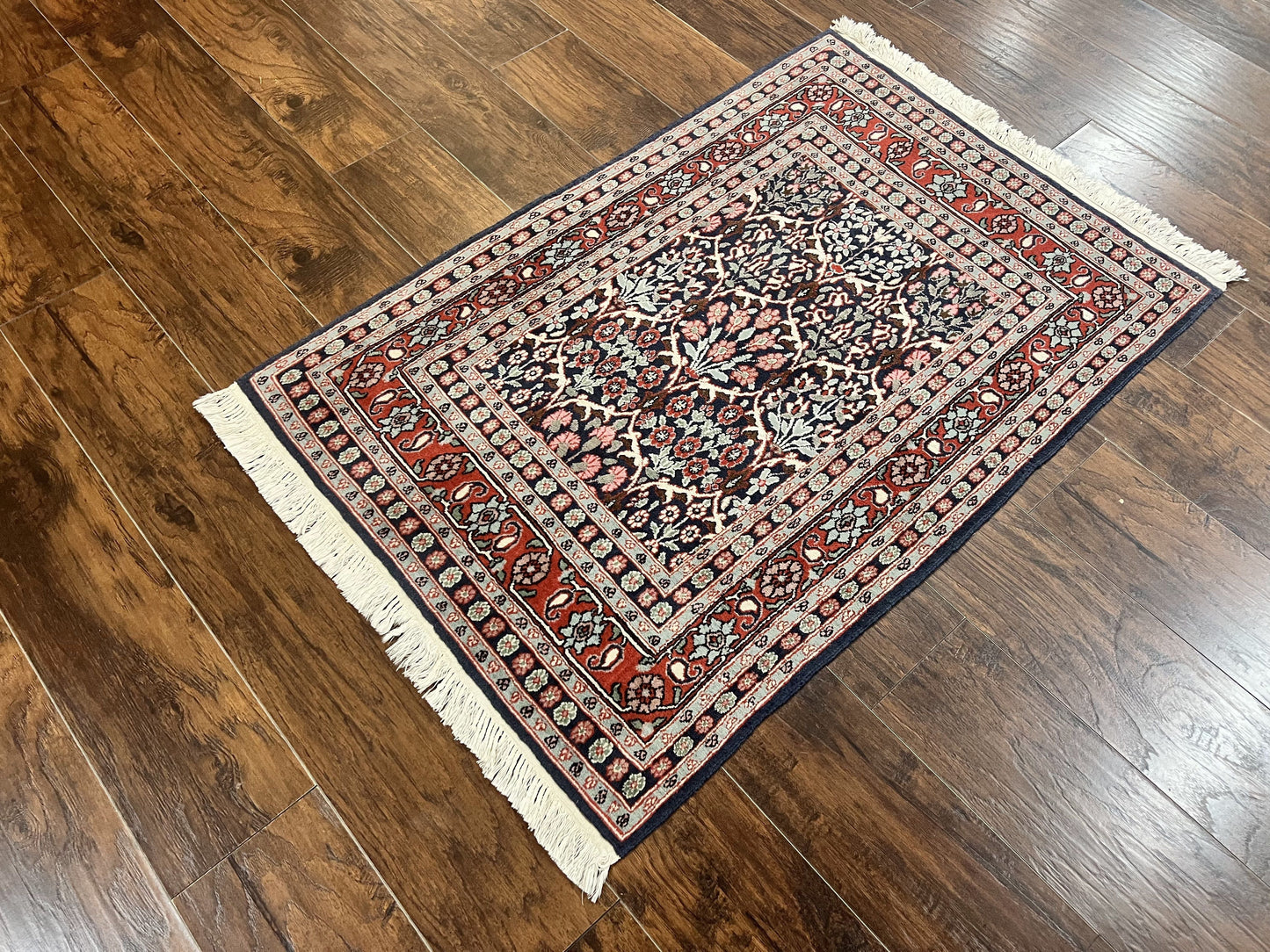 Pak Persian Rug 3x4, Wool Hand Knotted Vintage Traditional Carpet, Navy Blue & Red, Very Fine Small Handmade Floral Rug