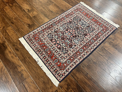 Pak Persian Rug 3x4, Wool Hand Knotted Vintage Traditional Carpet, Navy Blue & Red, Very Fine Small Handmade Floral Rug