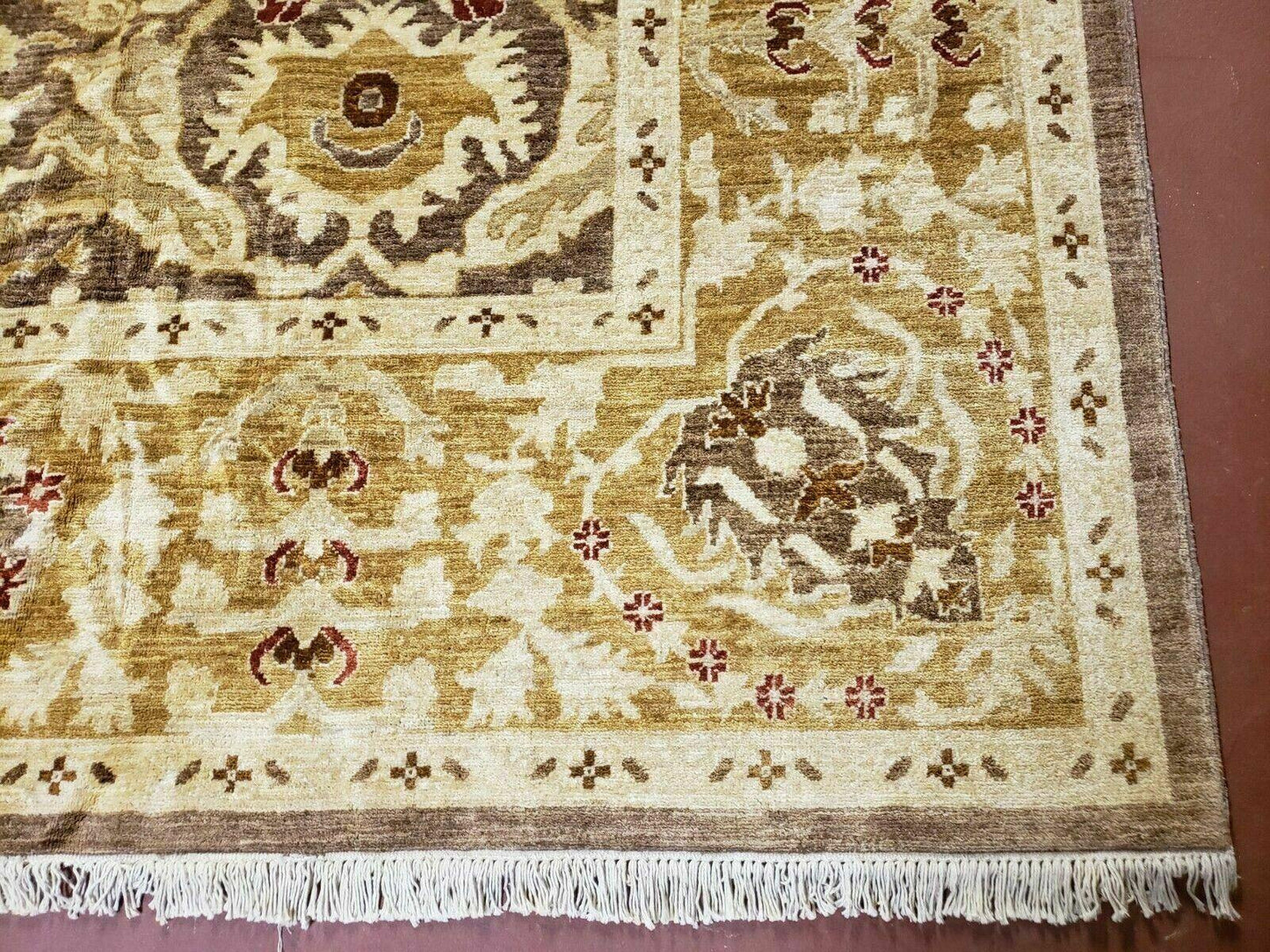 Pak Peshavar Chobi Agra Wool Carpet 10x14 Handmade Floral Pattern Rug Coffee Brown Gold