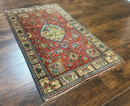 Small Persian Tabriz Rug 2.8 x 4.7, Red, Animal Pictorials, Semi Antique Vintage