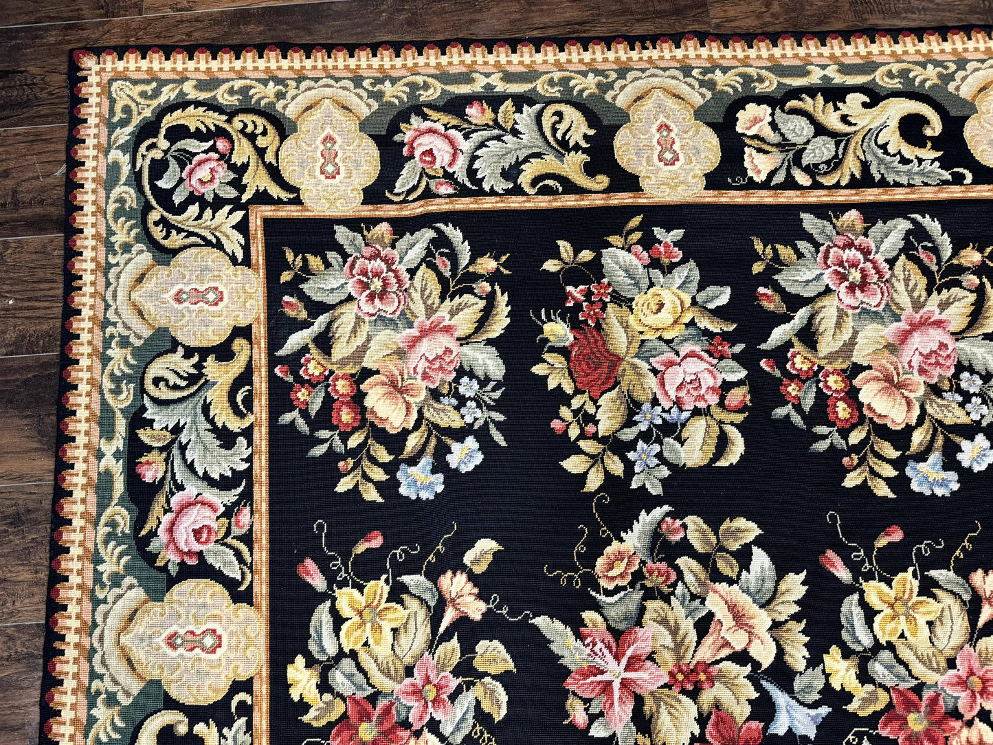 Palace Size Needlepoint Rug 12x16 Handmade Wool Floral Panel Black and Colorful