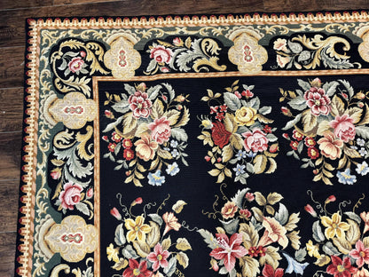 Palace Size Needlepoint Rug 12x16 Handmade Wool Floral Panel Black and Colorful