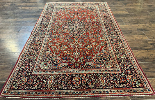 Persian Kashan Rug 4x7 Red Navy Floral Antique Carpet Elegant Medallion Design