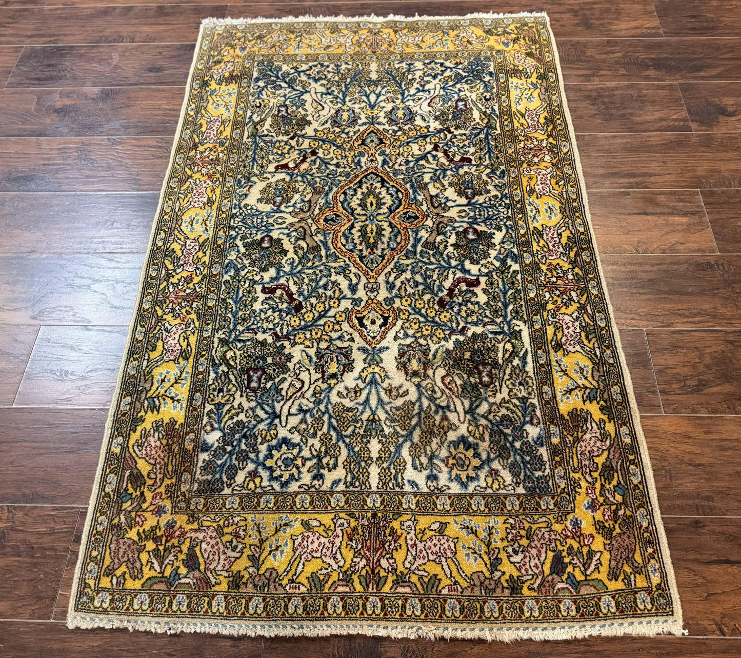 Persian Qum Tree of Life Rug 3.5 x 5.5, Animal Pictorials, Kork Wool with Silk Highlights