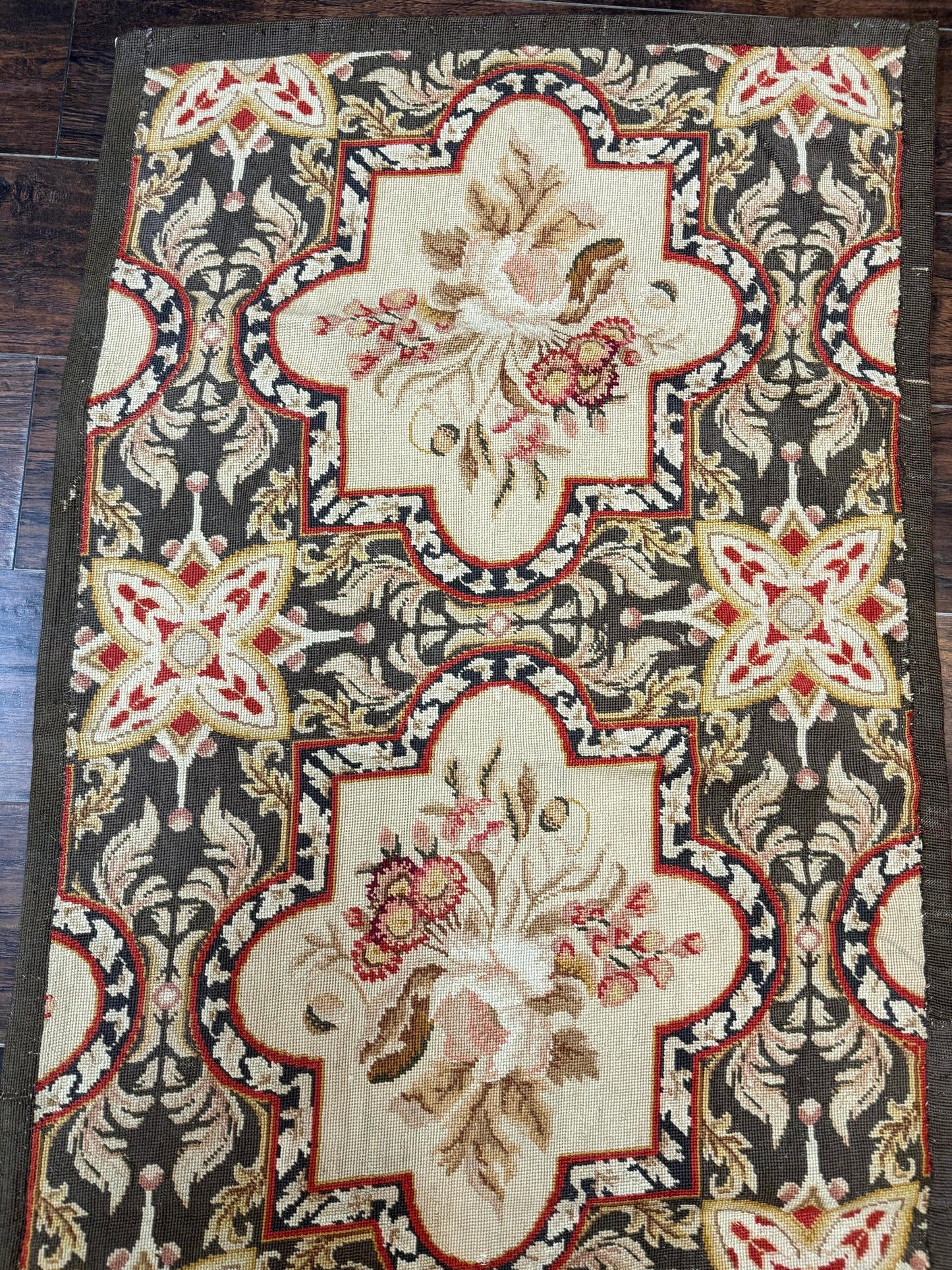 Needlepoint Runner Rug 2.7 x 9.7, European French Design, Wool, Handmade, Vintage