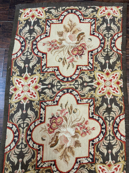 Needlepoint Runner Rug 2.7 x 9.7, European French Design, Wool, Handmade, Vintage