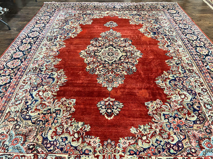 Persian Sarouk Rug 11x14, Semi Open Field, Large Antique Persian Wool Handmade Carpet, Red and Dark Blue, Floral