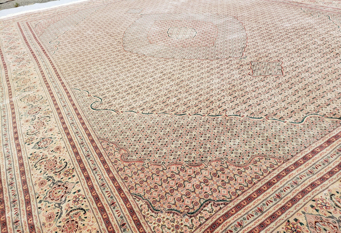 Stunning Oversized Sino Persian Oriental Rug 12x15, Hand Knotted Wool & Silk Palace Sized Carpet, Mahi Pattern, Very Fine, Peach Beige, Wow