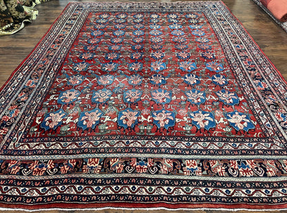 Antique Persian Bijar Rug 9x12 Allover Motif Red Blue Wool Handmade