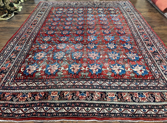 Antique Persian Bijar Rug 9x12 Allover Motif Red Blue Wool Handmade
