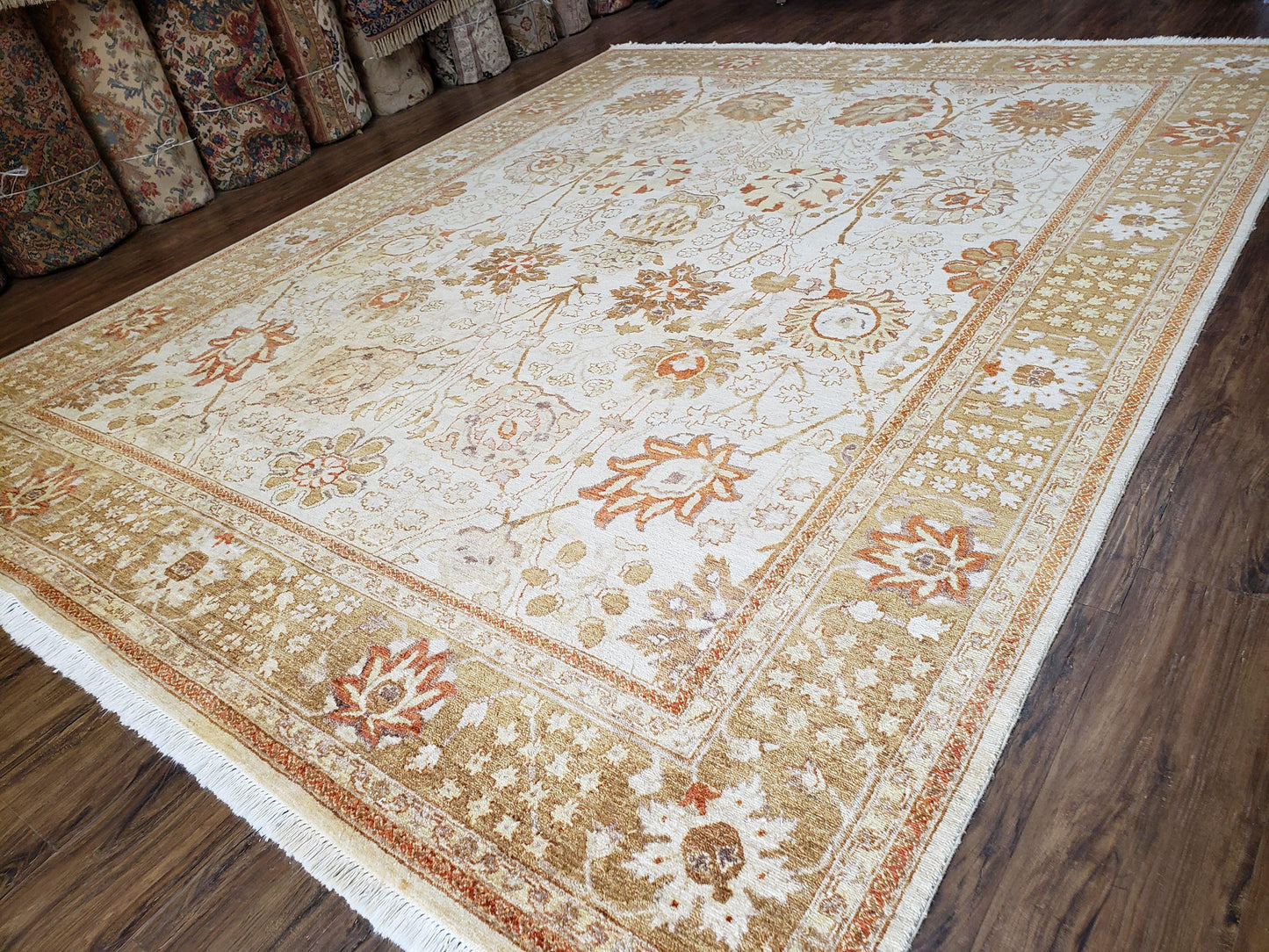 Oushak Rug 8x10 Vintage Hand Knotted Wool Beige Tan Pakistani Peshawar