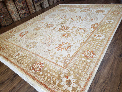 Oushak Rug 8x10 Vintage Hand Knotted Wool Beige Tan Pakistani Peshawar