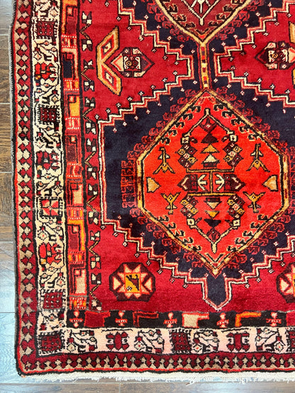 Persian Heriz Runner Rug 3.7 x 11, Persian Tribal Runner, Handmade Wool, Medallions, Geometric, Red, Antique Vintage Hand Knotted Rug