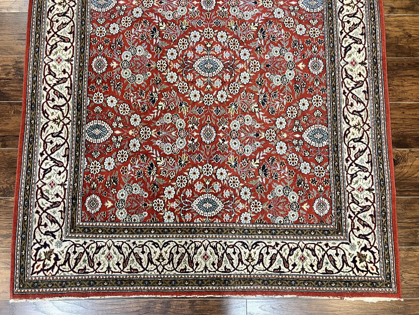 Red Persian Qum Rug 5 x 7.6, Hand Knotted Vintage Wool Fine Carpet 270 KPSI, Floral Allover