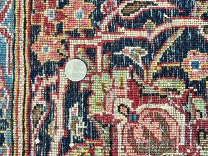 Red Persian Kashan Rug 10x14, Hand-Knotted Semi Antique Floral Medallion Handmade Wool Carpet, Red & Navy Blue