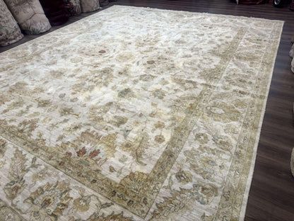 Palace Size Rug 12x15, Neutral Light Colors, Oat, Peshawar Chobi Oushak Rug, Handmade Wool Rug