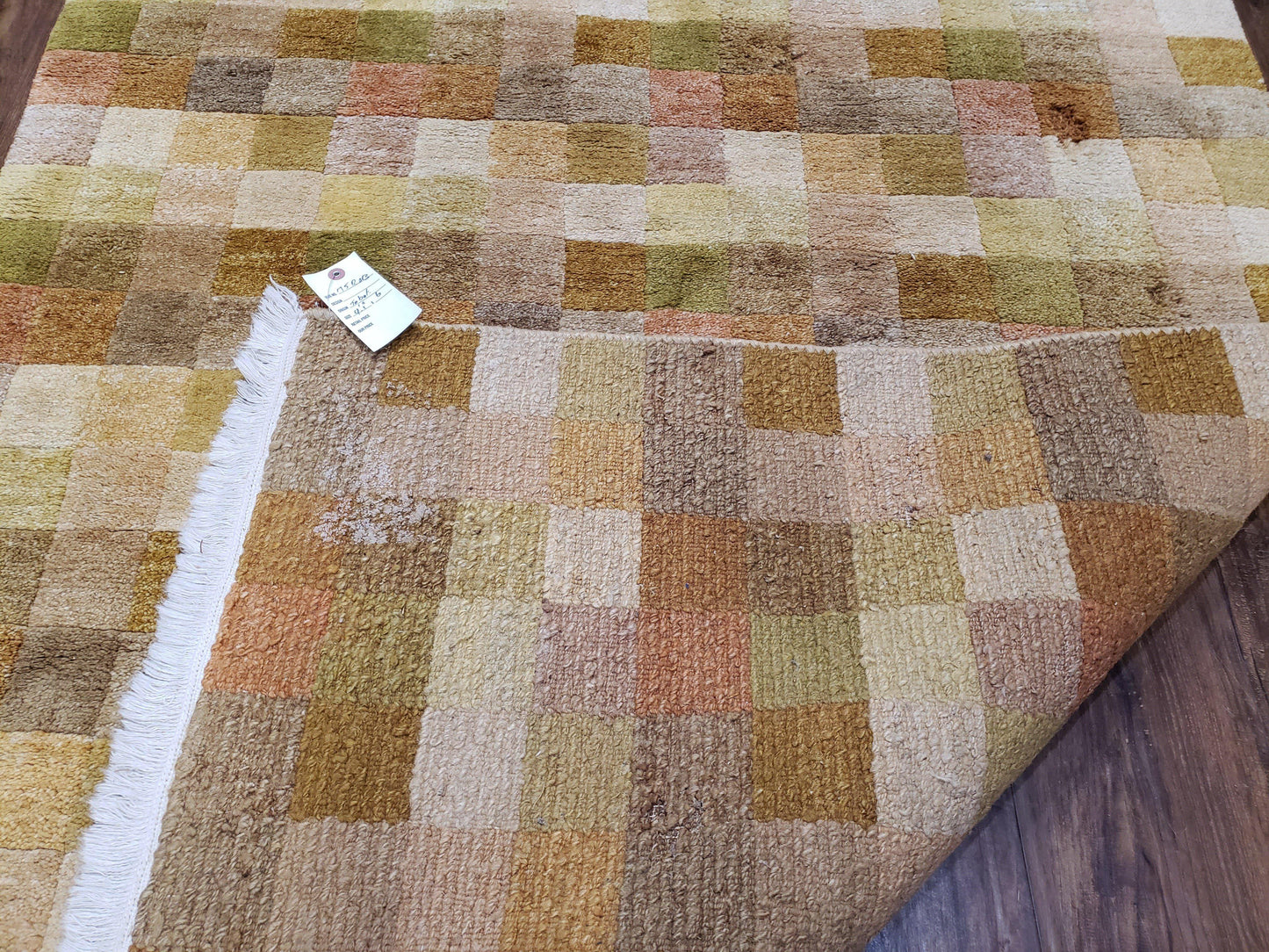 Tibetan Rug 4x6 Modern Abstract Handmade Area Rug With Checkerboard Pattern Ivory Gold Tan