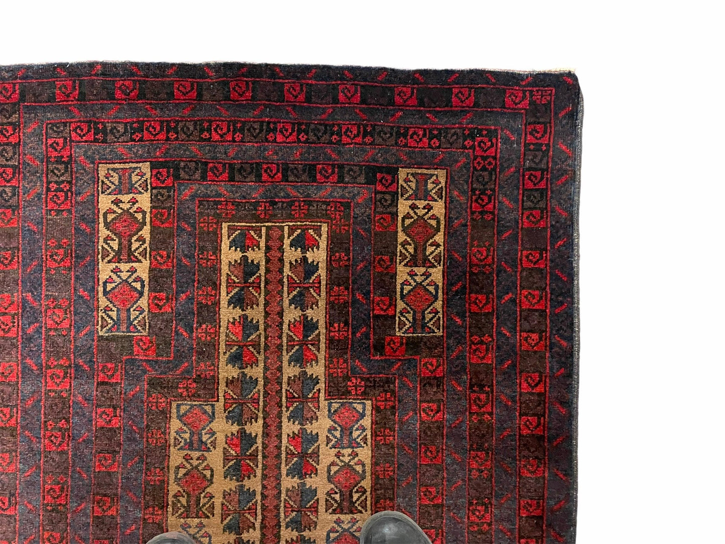 Turkoman Balouch Handmade Wool Rug Three By Three Point Five Vintage Red Tribal Prayer Carpet