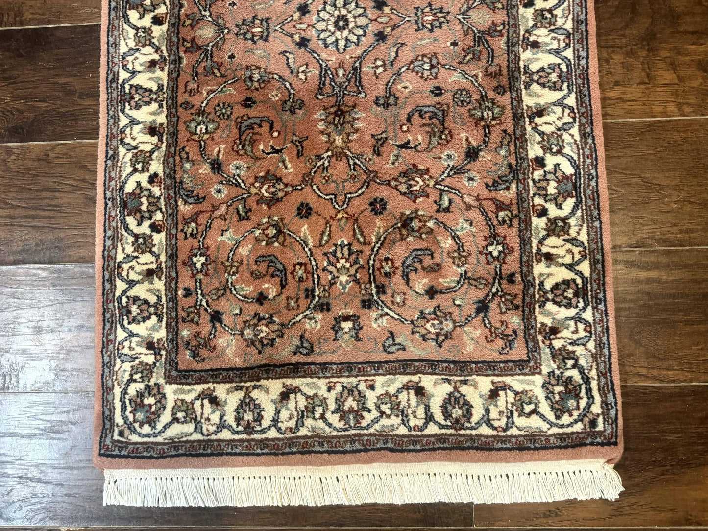 Indo Persian Runner Rug 2.6 x 10, Coral and Cream, Hand Knotted 10ft Wool Oriental Runner for Hallway or Kitchen