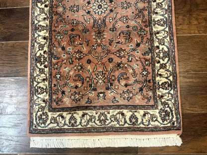 Indo Persian Runner Rug 2.6 x 10, Coral and Cream, Hand Knotted 10ft Wool Oriental Runner for Hallway or Kitchen