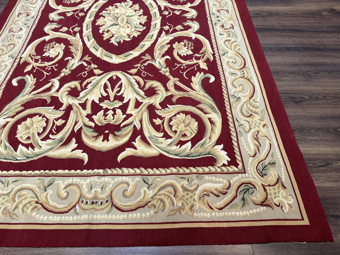 Burgundy Aubusson Wool Rug 6x9 Hand Knotted Vintage Carpet