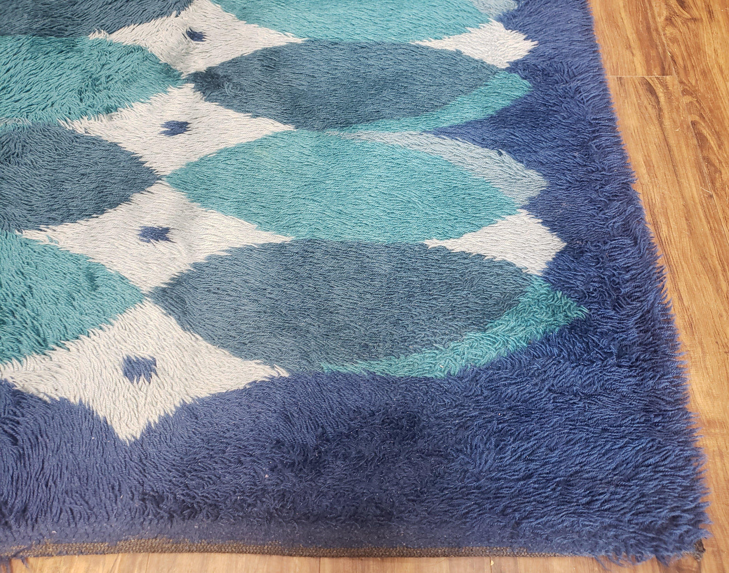 Blue Rya Rug Mid Century Danish Shag Wool Abstract Modern Rug 4 Foot 6 Inch By 6 Foot 7 Inch