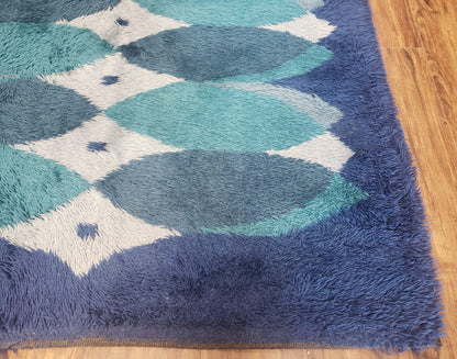 Blue Rya Rug Mid Century Danish Shag Wool Abstract Modern Rug 4 Foot 6 Inch By 6 Foot 7 Inch