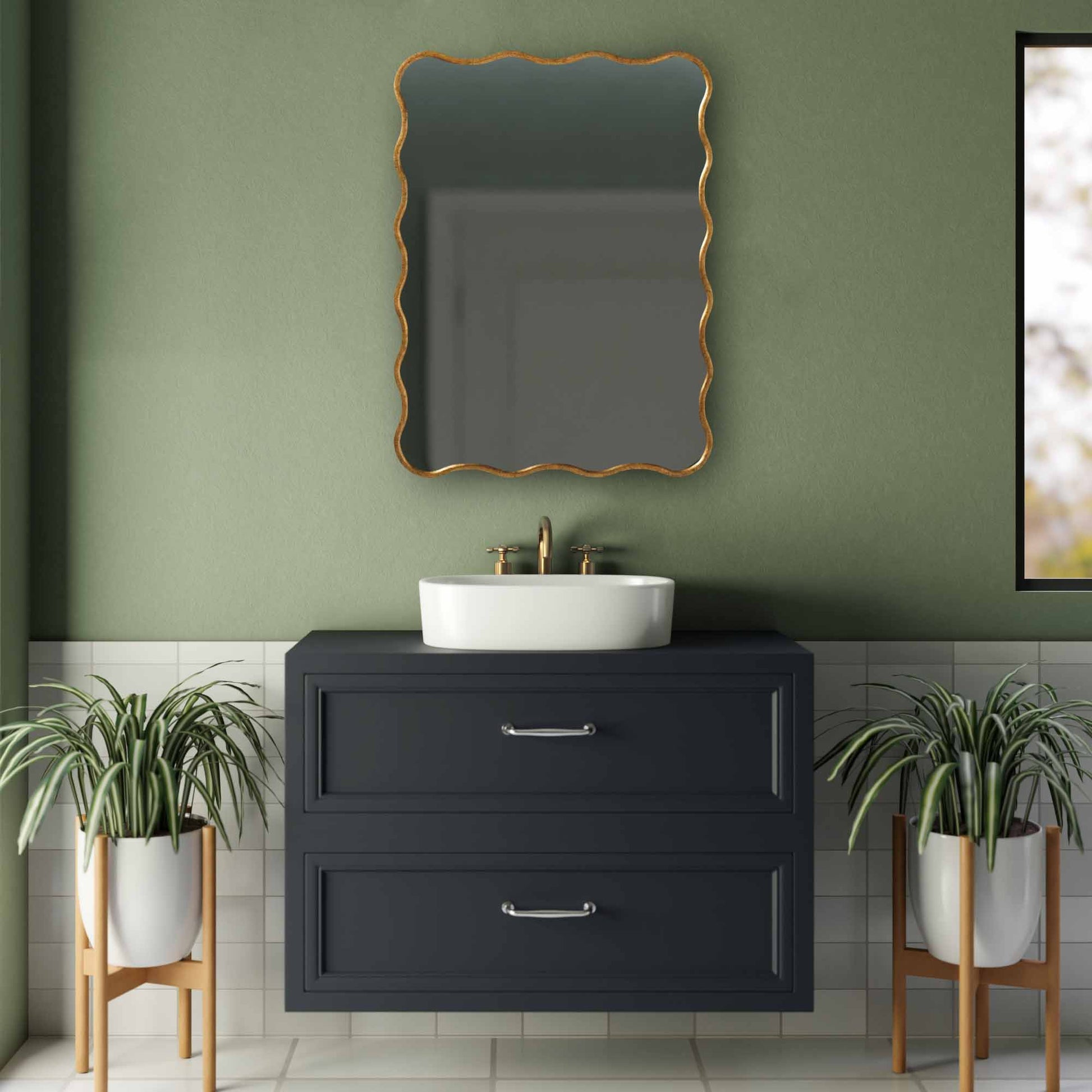 a bathroom with a sink and a Wavy Mirror