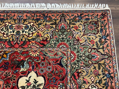 Antique Tabriz Persian Rug 7x10, Red Cream Tan, Unique Design, Fine 270 KPSI, Birds, Floral