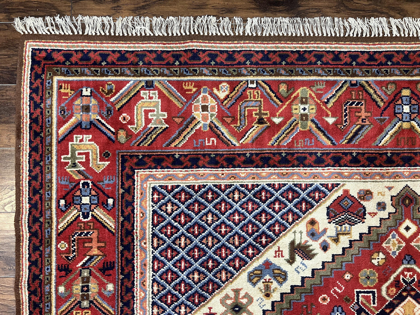 Belgium Power Loomed Wool Rug 8x12 Geometric Medallions Persian Tribal Pattern Ivory Red Blue