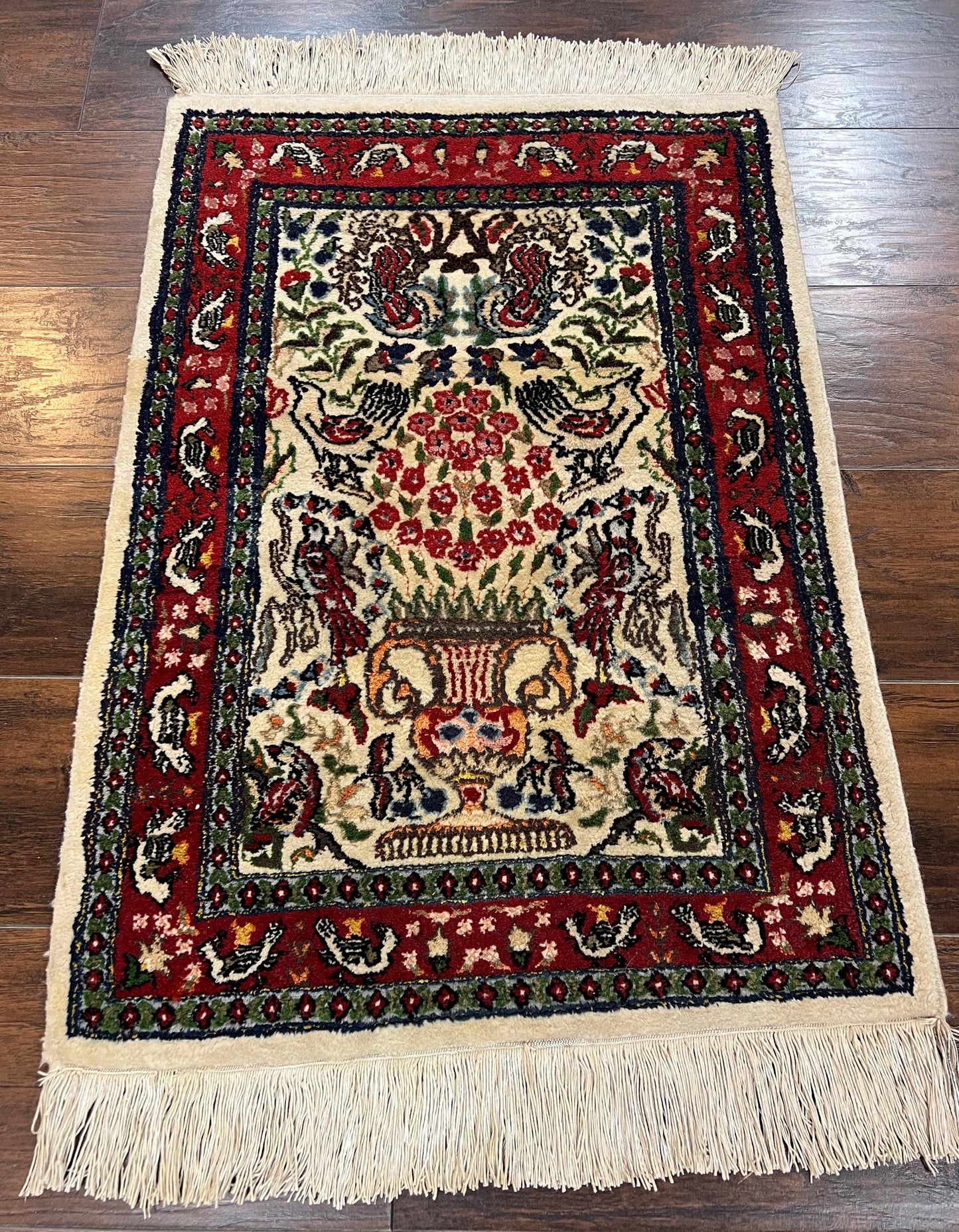 Small Indo Persian Rug 2x3 ft, Wool with Silk Highlights, Animal Pictorial Motifs Birds Vase Flowers, Cream and Maroon, Hand Knotted Fine