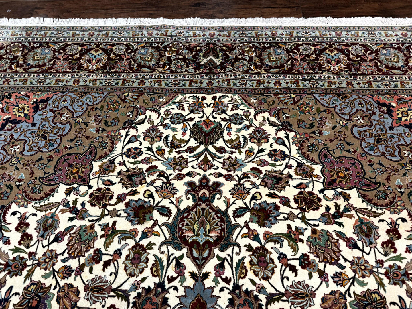 Persian Tabriz Rug Hand Knotted 8x11 Floral Medallion Traditional Area Rug Fine Wool 300 KPSI Ivory Maroon
