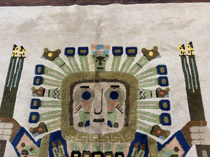 South American Rug 6x7, Unique Native American Design, Ivory, Ecuador Rug, Handmade Wool