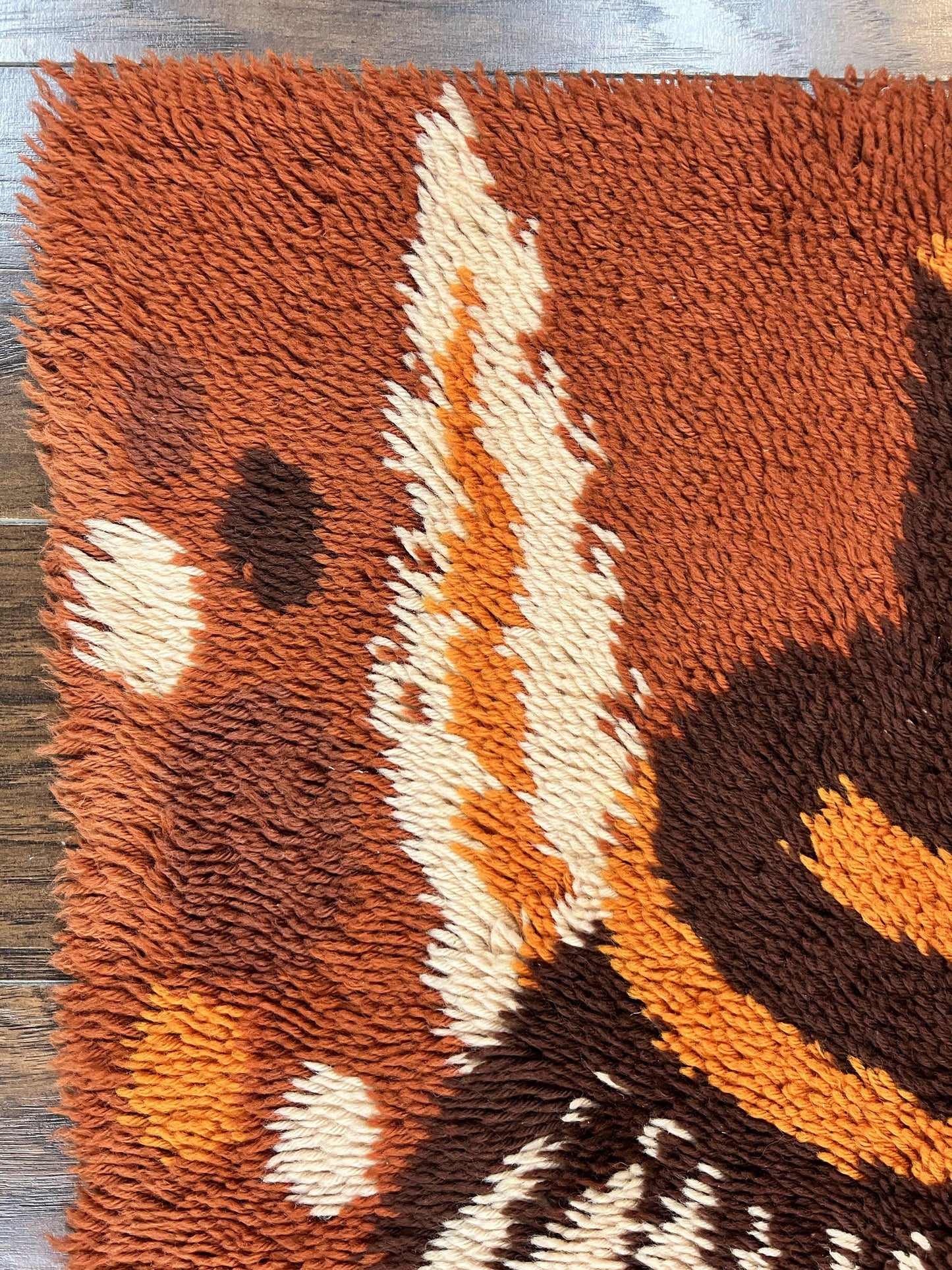 Rya Shag Rug 2x4, Rabbit in Top Hat, Wool, Orange, Vintage 1960s Danish Shag Rug